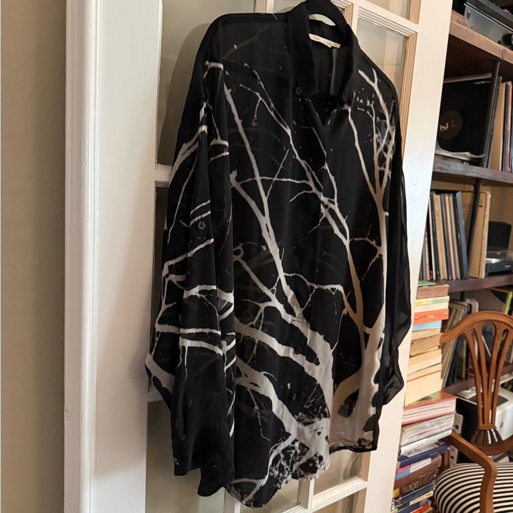 RACHEL Rachel Roy Black Sheer Button-Down Top with White Tree Branch Print - Picture 2 of 8